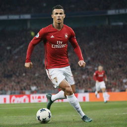 Spectacular poster of Cristiano Ronaldo in dynamic action, shown in mid-dribble against a stadium background, with his distinctive number 7 shirt, and the name 'Ronaldo' displayed in large, bold typography.