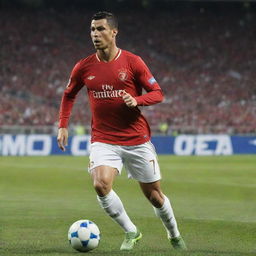 Spectacular poster of Cristiano Ronaldo in dynamic action, shown in mid-dribble against a stadium background, with his distinctive number 7 shirt, and the name 'Ronaldo' displayed in large, bold typography.