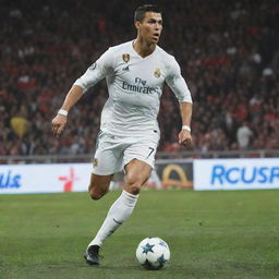 Spectacular poster of Cristiano Ronaldo in dynamic action, shown in mid-dribble against a stadium background, with his distinctive number 7 shirt, and the name 'Ronaldo' displayed in large, bold typography.