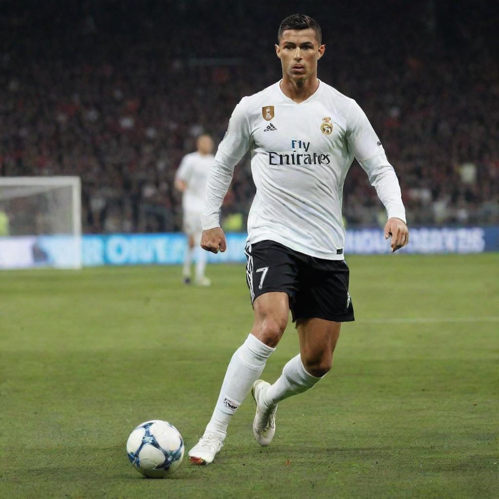 Spectacular poster of Cristiano Ronaldo in dynamic action, shown in mid-dribble against a stadium background, with his distinctive number 7 shirt, and the name 'Ronaldo' displayed in large, bold typography.