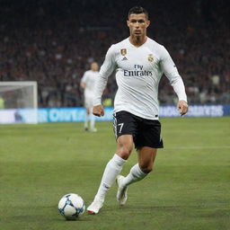 Spectacular poster of Cristiano Ronaldo in dynamic action, shown in mid-dribble against a stadium background, with his distinctive number 7 shirt, and the name 'Ronaldo' displayed in large, bold typography.