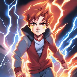 A boy with one red eye and one white eye running with lightning coming off him