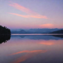 A serene, sunrise landscape over a calm lake, with the emerging light casting hues of orange and purple across the sky. Faint silhouettes of distant mountains grace the horizon.