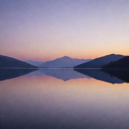 A serene, sunrise landscape over a calm lake, with the emerging light casting hues of orange and purple across the sky. Faint silhouettes of distant mountains grace the horizon.