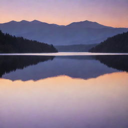 A serene, sunrise landscape over a calm lake, with the emerging light casting hues of orange and purple across the sky. Faint silhouettes of distant mountains grace the horizon.