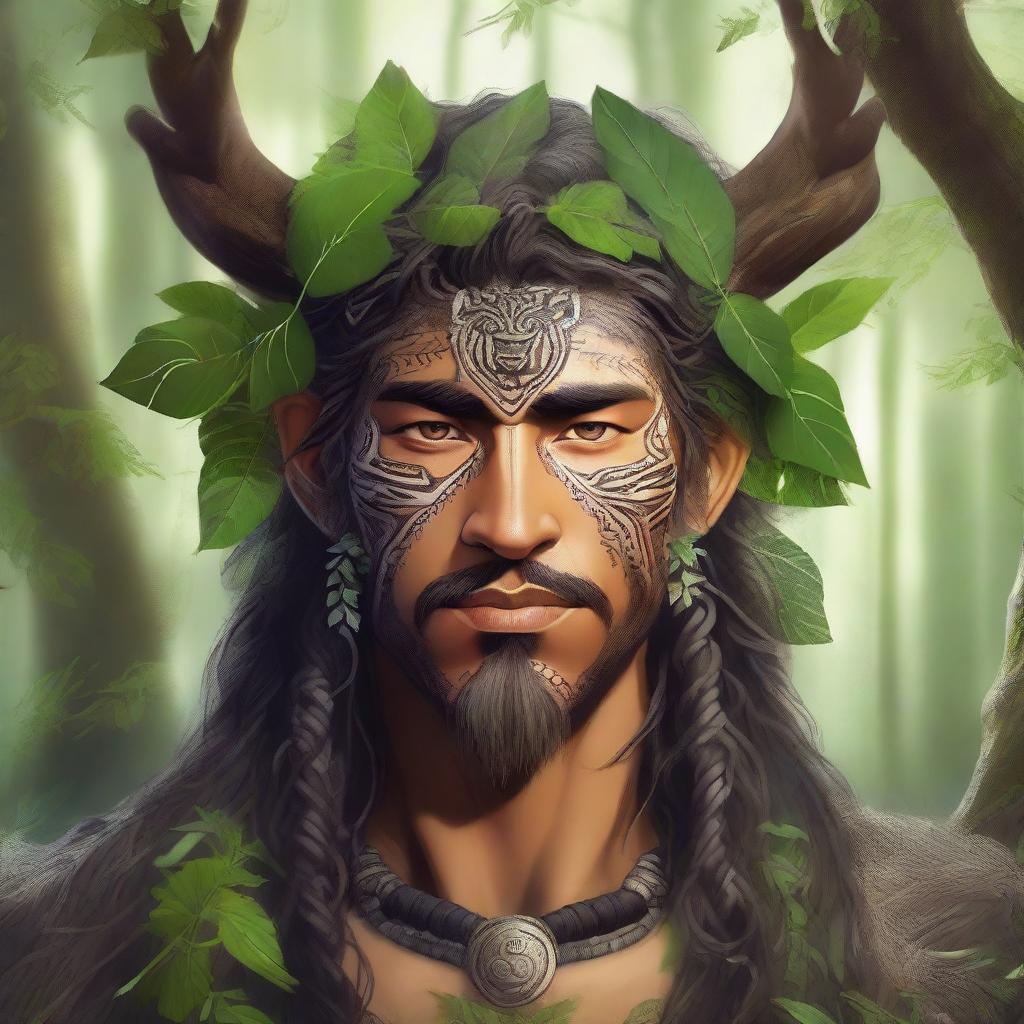 A detailed portrait of a wild druid, with intricate tribal markings, natural elements like leaves and vines intertwined in their hair, and a serene yet powerful expression