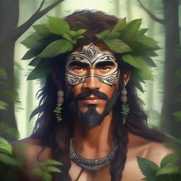 A detailed portrait of a wild druid, with intricate tribal markings, natural elements like leaves and vines intertwined in their hair, and a serene yet powerful expression