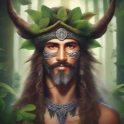 A detailed portrait of a wild druid, with intricate tribal markings, natural elements like leaves and vines intertwined in their hair, and a serene yet powerful expression