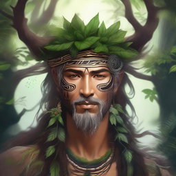 A detailed portrait of a wild druid, with intricate tribal markings, natural elements like leaves and vines intertwined in their hair, and a serene yet powerful expression