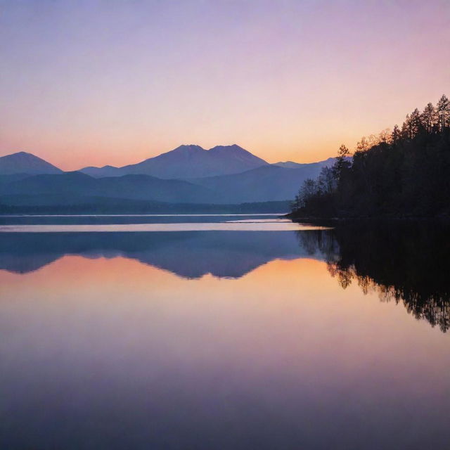 A serene, sunrise landscape over a calm lake, with the emerging light casting hues of orange and purple across the sky. Faint silhouettes of distant mountains grace the horizon.