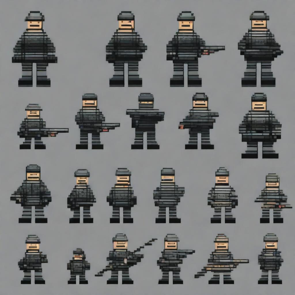 Create an animation pack featuring a pixel art riot unit from Russia without weapons