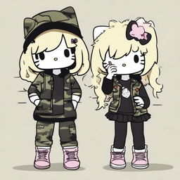 Two Hello Kitty characters smoking, dressed in camouflage pants and black tops