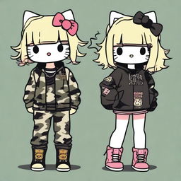 Two Hello Kitty characters smoking, dressed in camouflage pants and black tops