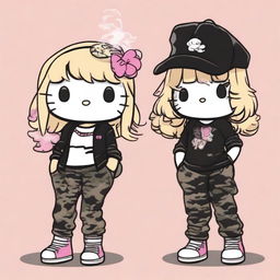 Two Hello Kitty characters smoking, dressed in camouflage pants and black tops