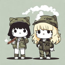 Two Hello Kitty characters smoking, dressed in camouflage pants and black tops