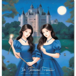 Create a book cover featuring twins wearing blue blouses, blue pants, and blue bows in their long brown hair