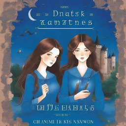 Create a book cover featuring twins wearing blue blouses, blue pants, and blue bows in their long brown hair