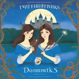 Create a book cover featuring twins wearing blue blouses, blue pants, and blue bows in their long brown hair