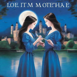 Create a book cover featuring twins wearing blue blouses, blue pants, and blue bows in their long brown hair