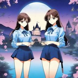 Two twins wearing blue blouses, blue pants, and blue bows in their long brown hair