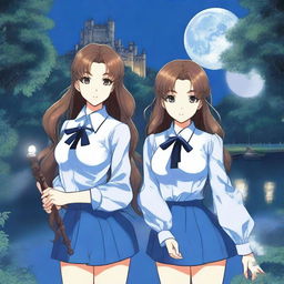 Two twins wearing blue blouses, blue pants, and blue bows in their long brown hair