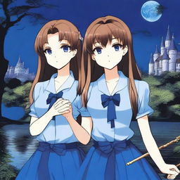 Two twins wearing blue blouses, blue pants, and blue bows in their long brown hair