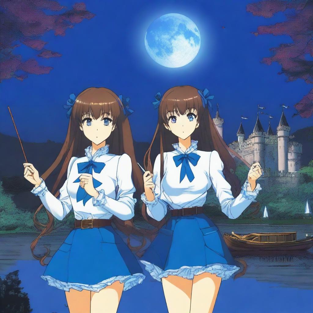 Two twins wearing blue blouses, blue pants, and blue bows in their long brown hair