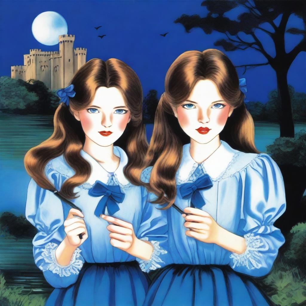A portrait of two twins wearing blue blouses, blue pants, and blue bows in their long brown hair