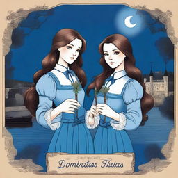 A portrait of two twins wearing blue blouses, blue pants, and blue bows in their long brown hair