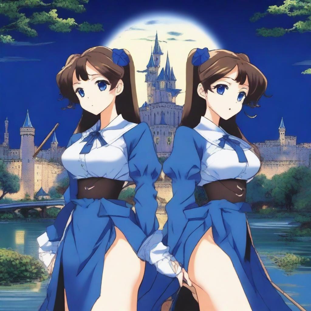 A portrait of two twins wearing blue blouses, blue pants, and blue bows in their long brown hair
