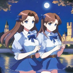 A portrait of two twins wearing blue blouses, blue pants, and blue bows in their long brown hair