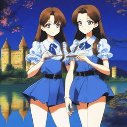 A portrait of two twins wearing blue blouses, blue pants, and blue bows in their long brown hair