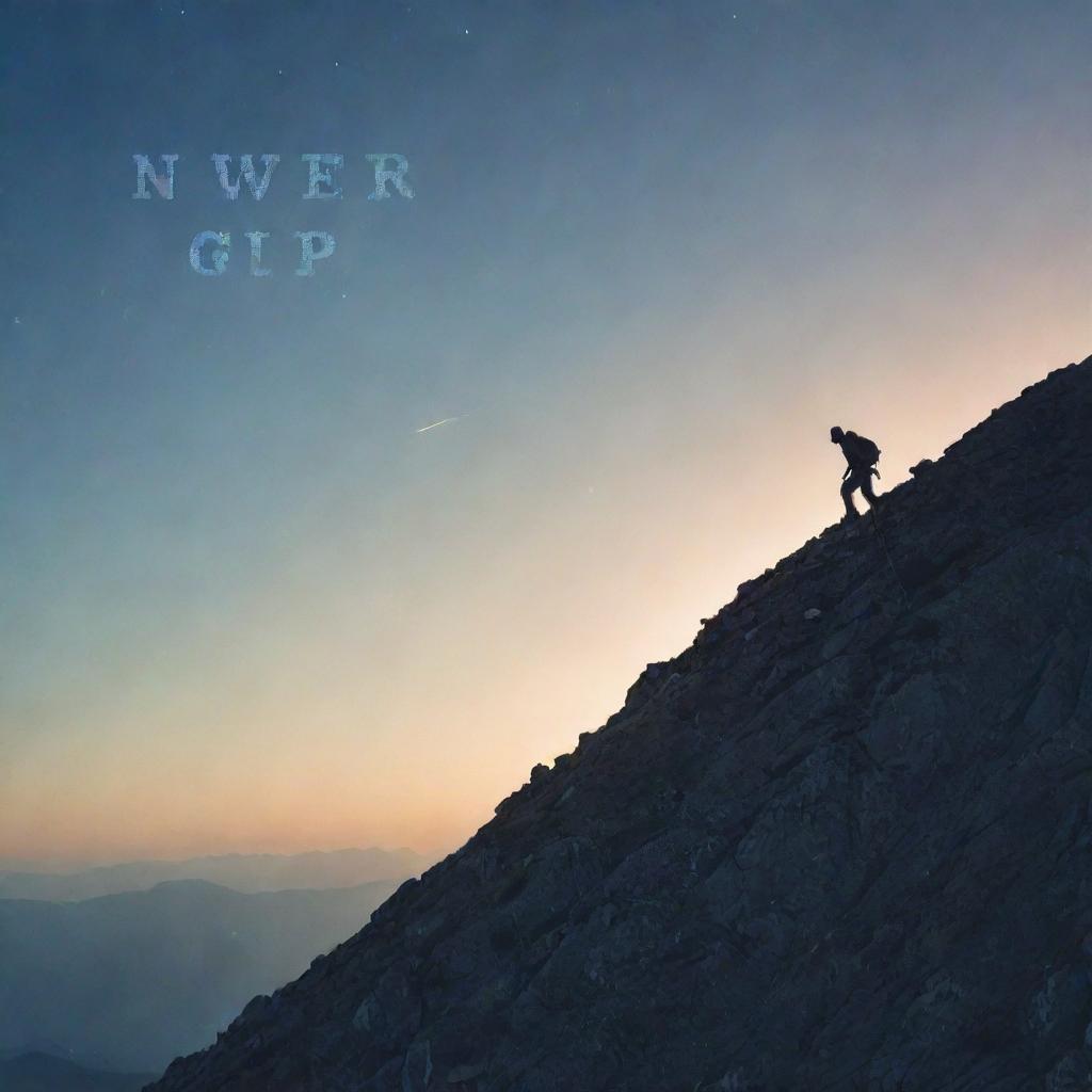 An inspiring image of a person climbing a steep mountain with the phrase 'Never Give Up' projected in the sky.