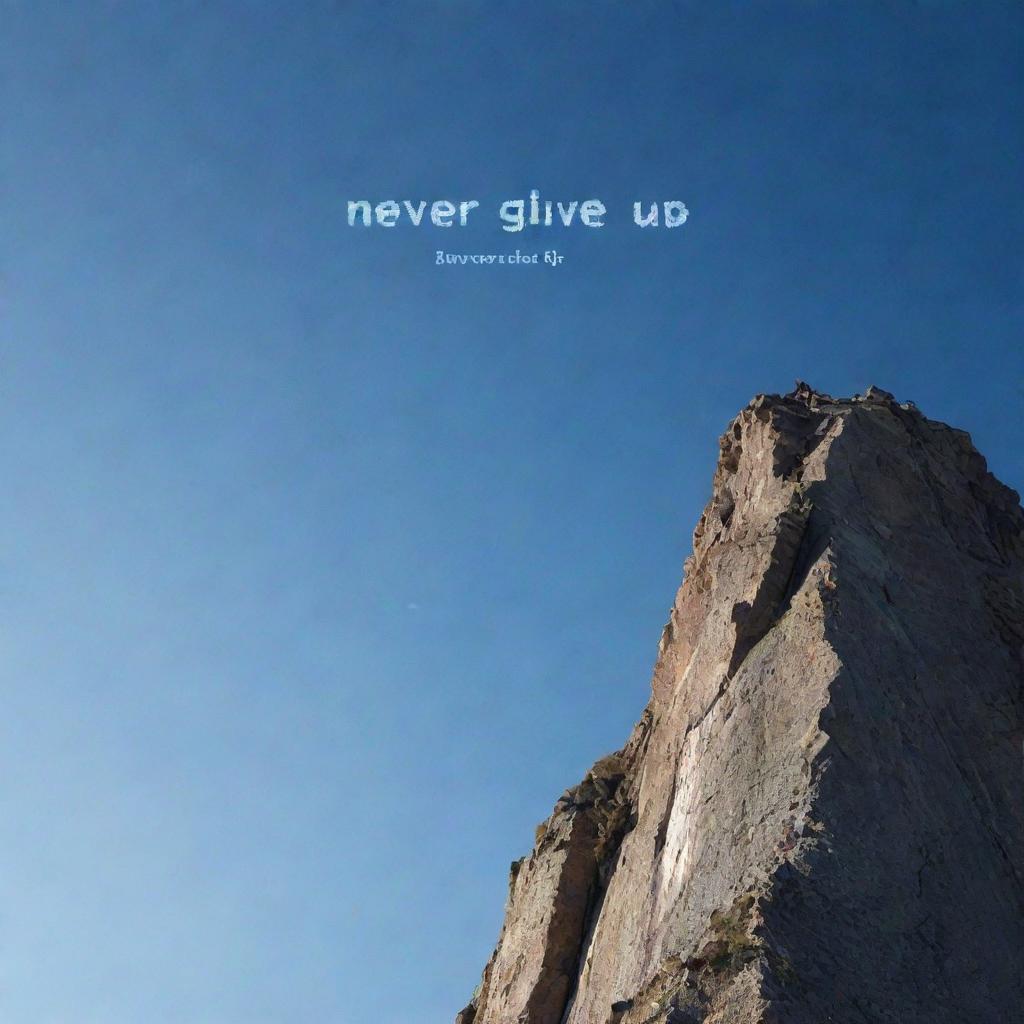 An inspiring image of a person climbing a steep mountain with the phrase 'Never Give Up' projected in the sky.