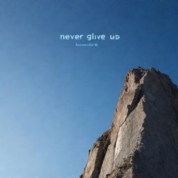 An inspiring image of a person climbing a steep mountain with the phrase 'Never Give Up' projected in the sky.
