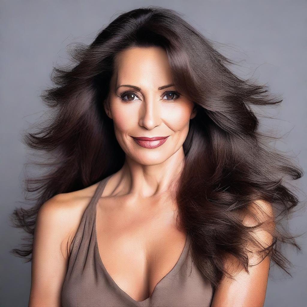 A mature brunette woman with a confident and alluring expression
