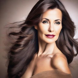 A mature brunette woman with a confident and alluring expression