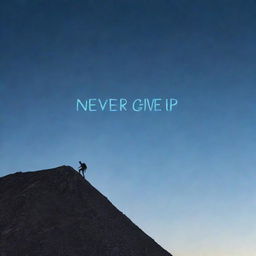 An inspiring image of a person climbing a steep mountain with the phrase 'Never Give Up' projected in the sky.