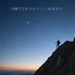 An inspiring image of a person climbing a steep mountain with the phrase 'Never Give Up' projected in the sky.