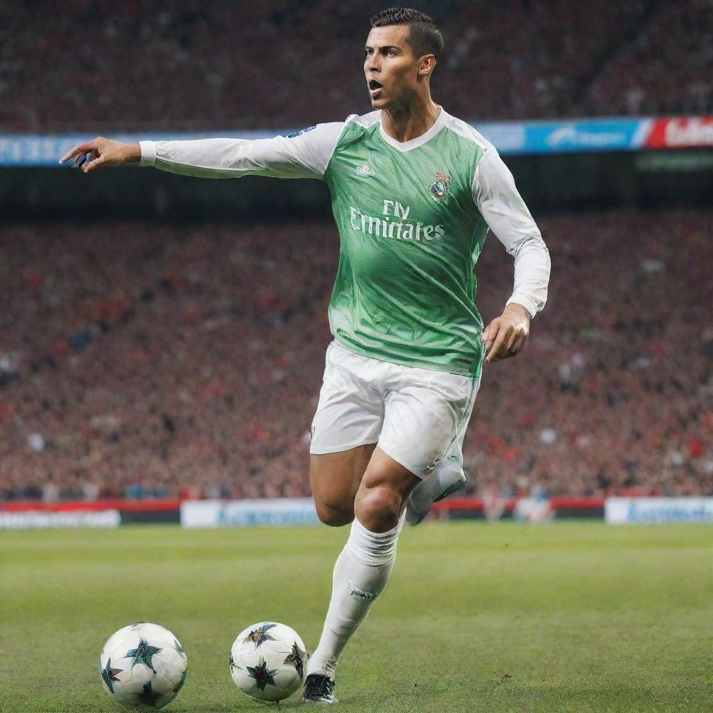 Energetic and captivating poster featuring Cristiano Ronaldo. The football superstar is in mid-action with a distinctive number 7 jersey, his name in bold lettering, and a bright stadium background.