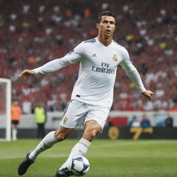 Energetic and captivating poster featuring Cristiano Ronaldo. The football superstar is in mid-action with a distinctive number 7 jersey, his name in bold lettering, and a bright stadium background.