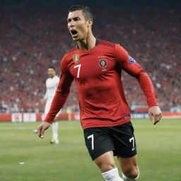 Energetic and captivating poster featuring Cristiano Ronaldo. The football superstar is in mid-action with a distinctive number 7 jersey, his name in bold lettering, and a bright stadium background.