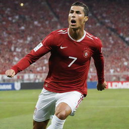 Energetic and captivating poster featuring Cristiano Ronaldo. The football superstar is in mid-action with a distinctive number 7 jersey, his name in bold lettering, and a bright stadium background.