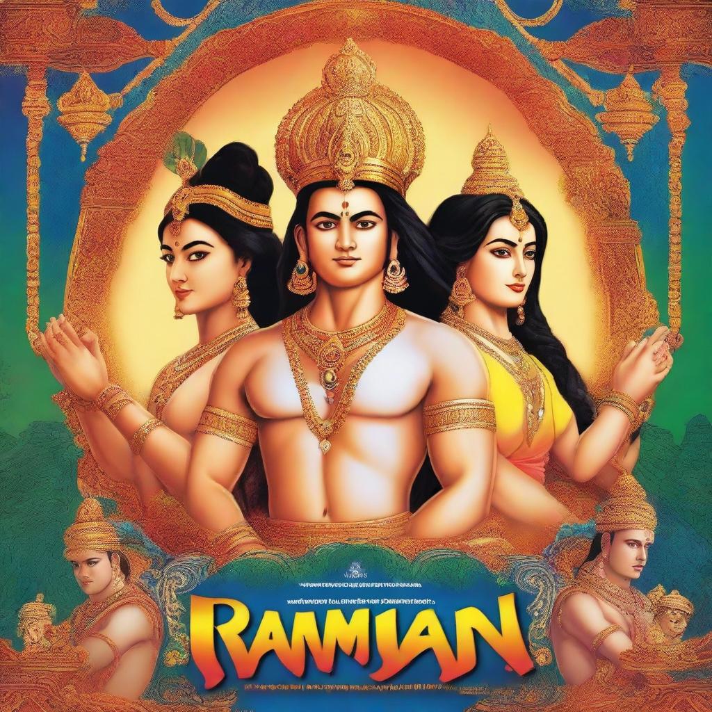 A grand and elaborate movie poster for the film 'Ramayan' directed by Ishaan Sharma
