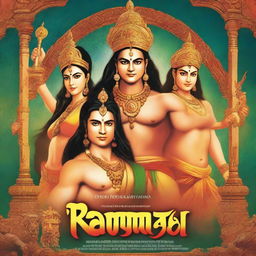 A grand and elaborate movie poster for the film 'Ramayan' directed by Ishaan Sharma
