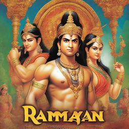 A grand and elaborate movie poster for the film 'Ramayan' directed by Ishaan Sharma