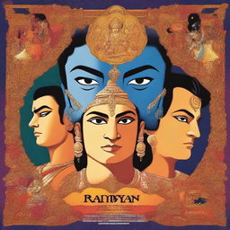 A grand and elaborate movie poster for the film 'Ramayan' directed by Ishaan Sharma