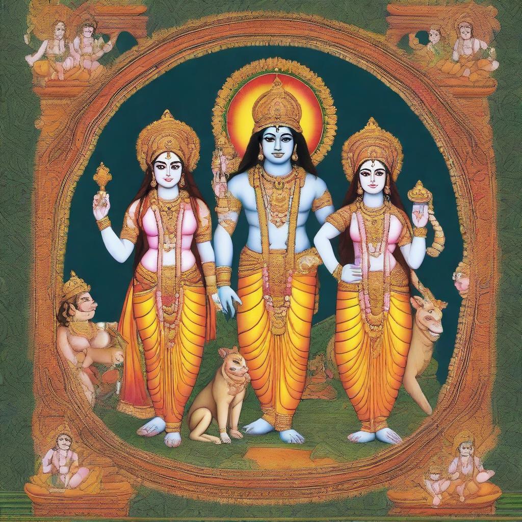 An intricate and vibrant illustration depicting Rama with Lakshmana, Sita, Hanuman, and Dasharatha