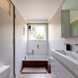 A narrow 9x2.5 feet bathroom containing a sleek whirlpool and a modern basin.