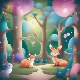 Create a whimsical scene featuring a colorful, magical forest with playful creatures, sparkling lights, and enchanted plants